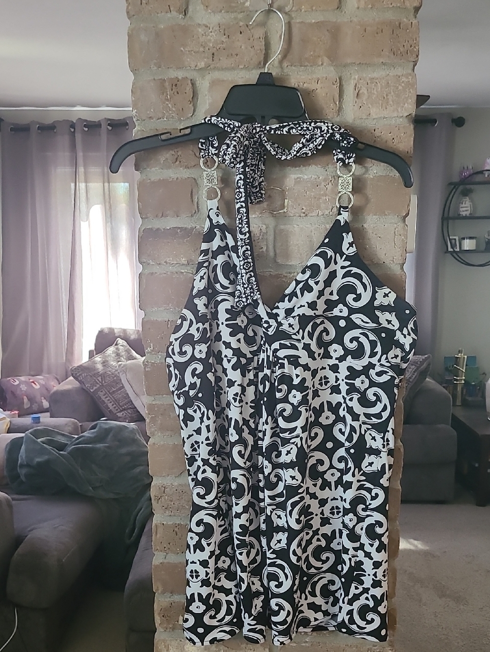 Flowy Stretch Black & White Halter Top with Scroll Print